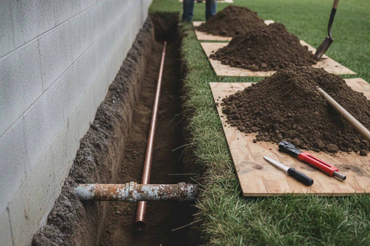 Excavated water line trench during Water Softener Installation in Bandera